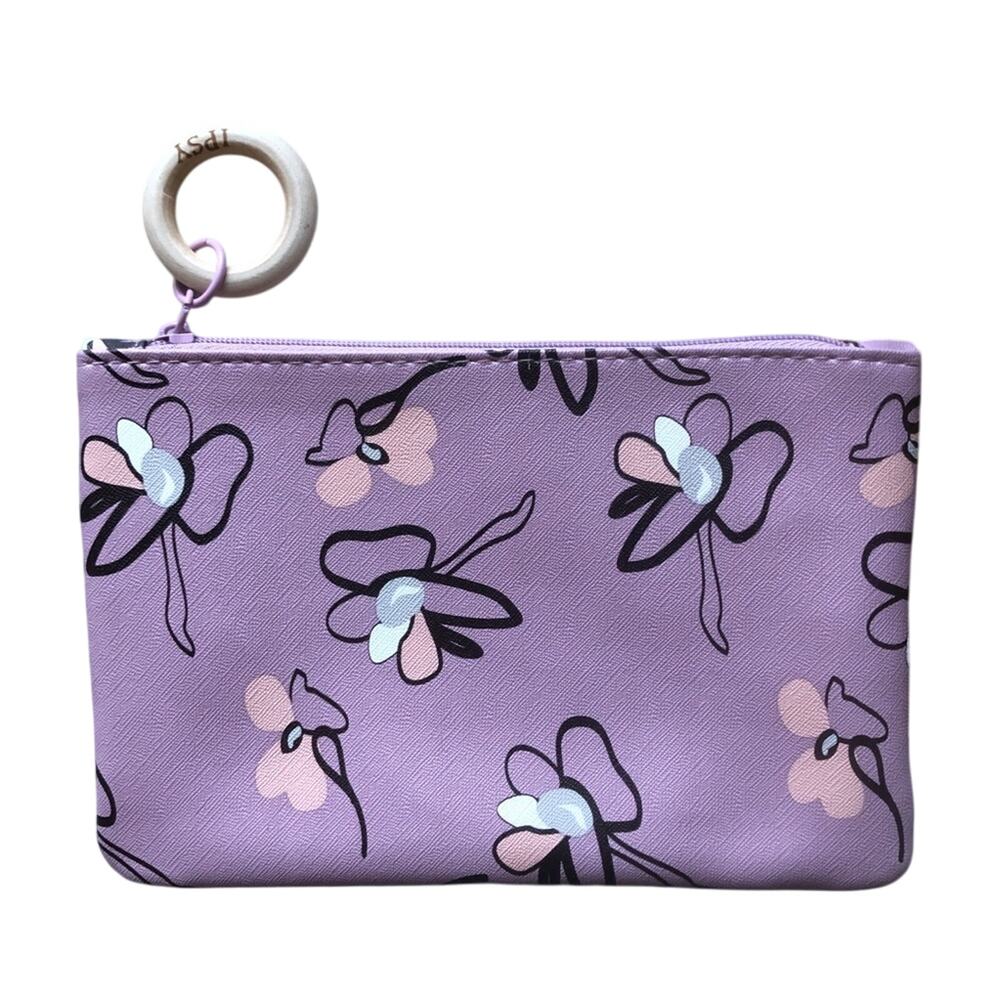 Ipsy April 2020 Purple Black Floral Wooden Zipper Pull Make-Up Cosmetic Bag